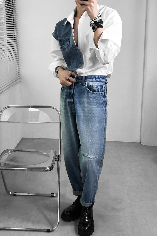 Camisa Denim Primavera con Empalmes de Diseño para Hombre - Image 2