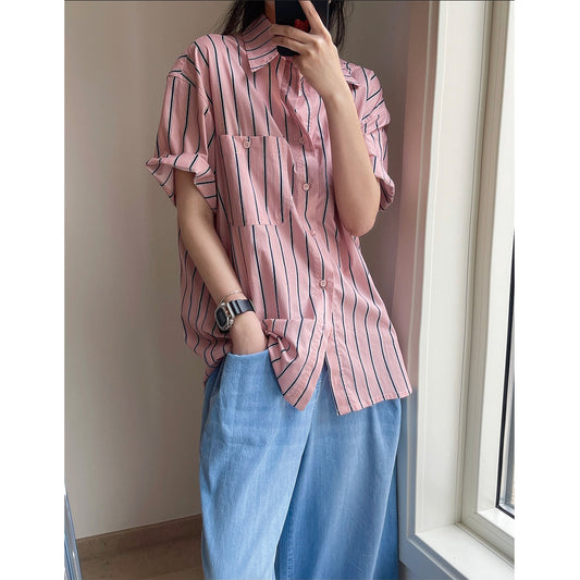Camisa Retro de Rayas con Solapa Literaria, Manga Corta Suelta y Ligera - Image 2