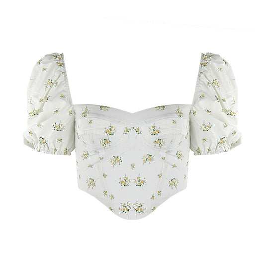Blusa Temperament Commuter con Mangas Voluminosas Blanca Estampada Cuello Cuadrado - Image 2