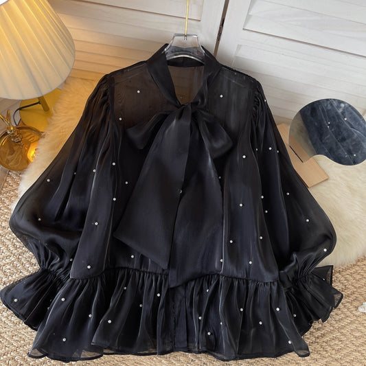 Blusa Elegante con Mangas Acampanadas y Detalle de Moño en Perlas - Image 2