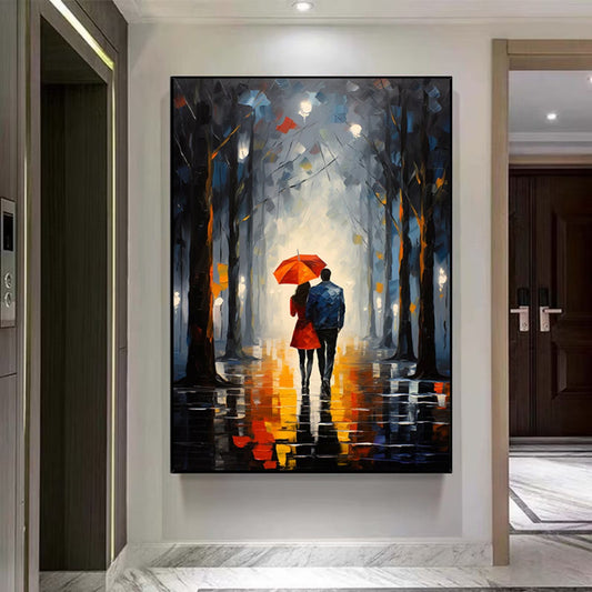 Cuadro Óleo Pintado a Mano: Pareja Bajo Paraguas en Noche Citadina - Image 2