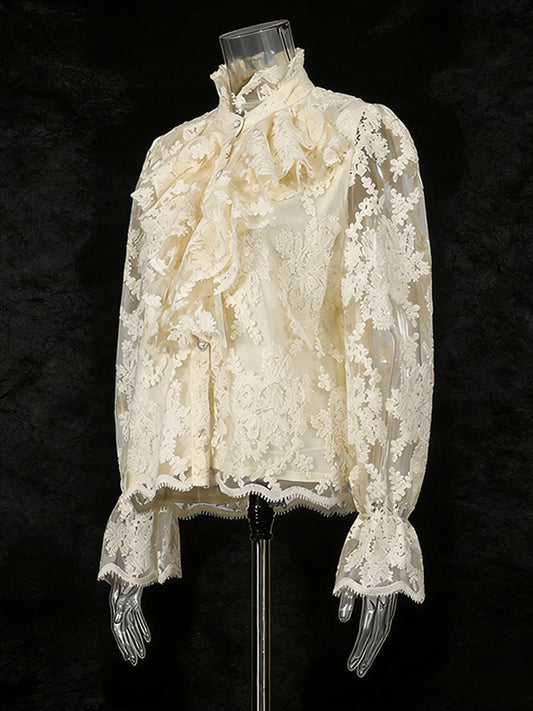 Blusa Retro con Encaje Floral 3D y Mangas Largas - Image 2