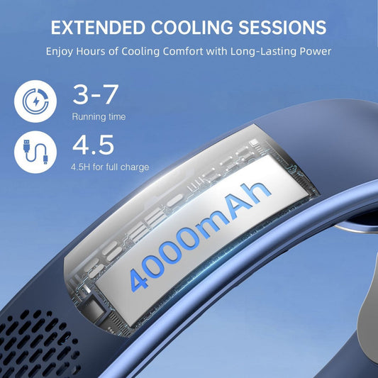 Dark blue U-shaped neck fan with air vents, small fan grilles, and a rose gold accent ring. - Image 2