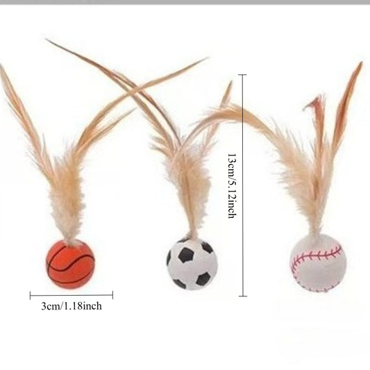 Set of three pet toys: a basketball, baseball, and soccer ball, each with light brown feathers for cats and small dogs. - Image 2