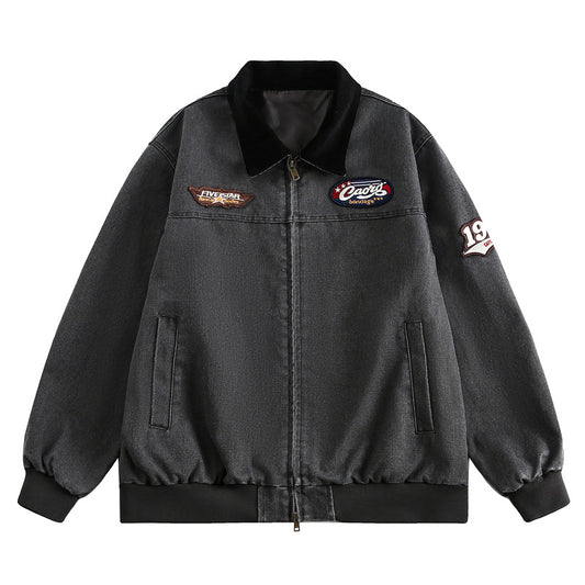 Chaqueta de Mezclilla Universitaria con Bordado en Solapa para Parejas - Image 2