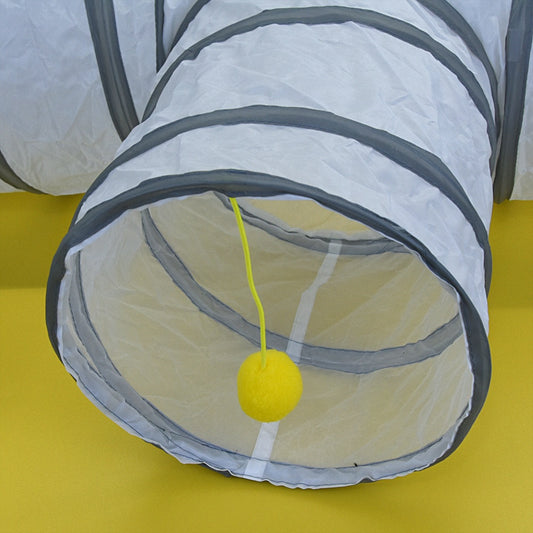 White cat tunnel with dark grey trim, featuring a red and pink hanging toy, measuring 25cm by 50cm. - Image 2