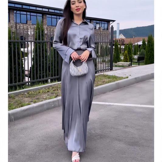 Conjunto de Falda y Blusa de Satén Elegante con Mangas Largas - Image 2