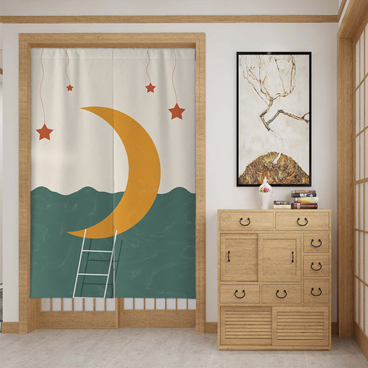 Fabric door curtain with a modern botanical design, featuring large green leaves, a snail, and geometric shapes. - Image 2