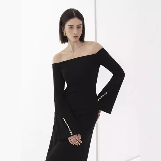 Vestido Elegante Cuello Barco con Mangas Campana y Cintura Ajustada - Image 2