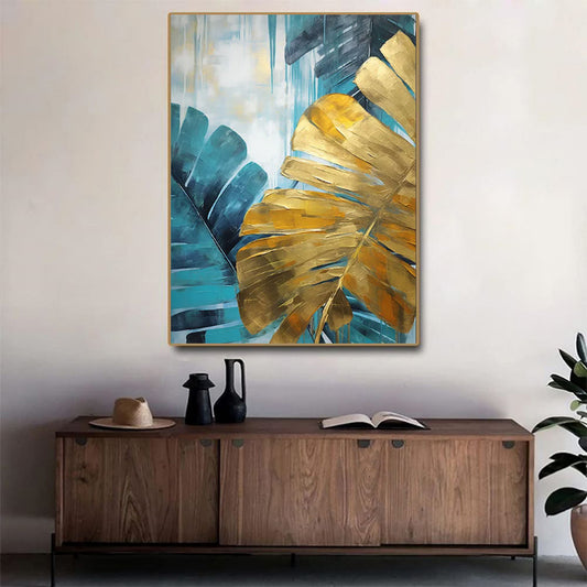 Cuadro Óleo Artesanal Hojas de Plátano Verde y Dorado - Arte de Pared sin Marco - Image 2