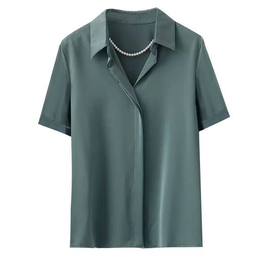 Blusa Satinada de Manga Corta con Cintura Alta para Mujer - Image 2