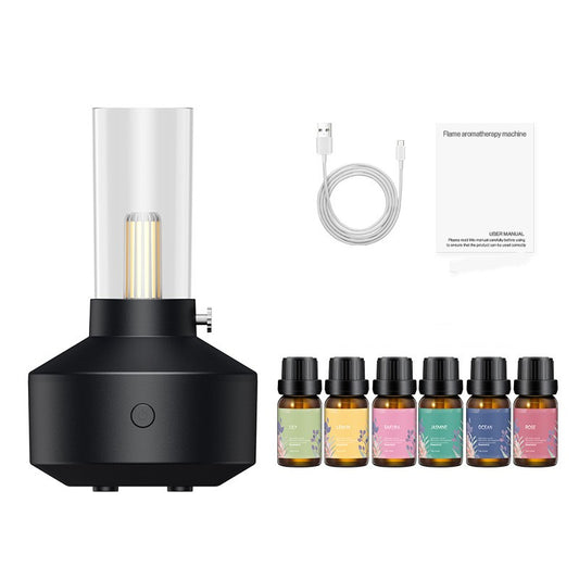 White vintage lamp-style humidifier with clear top, gold element, USB cable, user manual, and six essential oils. - Image 2