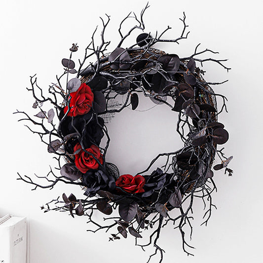 Corona Decorativa Halloween Ramas Secas con Flores Simuladas Negro - Image 2