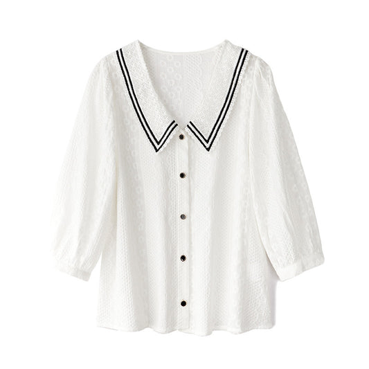 Blusa Ejecutiva de Encaje Tres Cuartos Blanco Talla S - Image 2