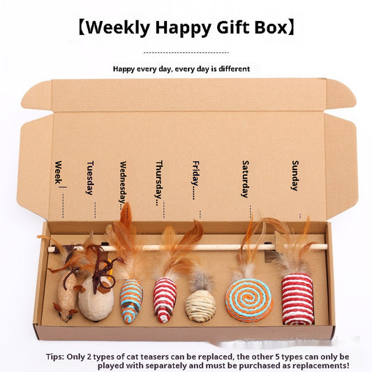 7-piece cat toy gift set with mouse, feather wands, and string-wrapped toys in a brown cardboard box. - Image 2