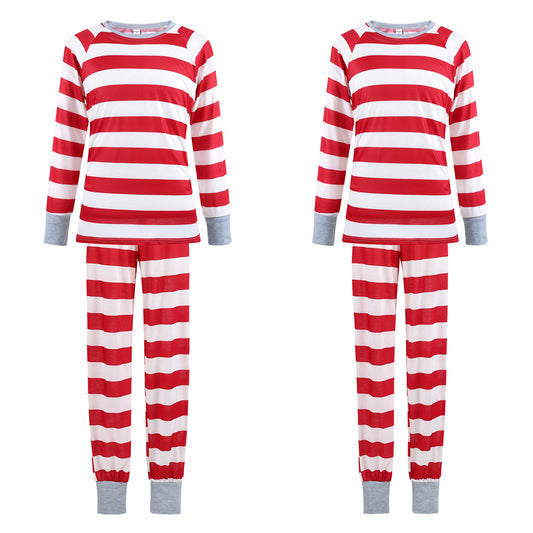 Red and white striped long-sleeve parent-child pajamas, including men's, women's, kids' two-piece sets, and a baby romper. - Image 2