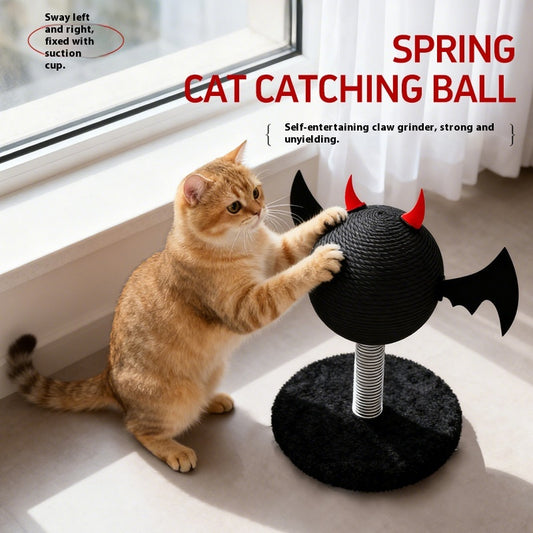 Black cat scratching toy with a sisal-wrapped ball, red devil horns, and black bat wings on a spring base. - Image 2
