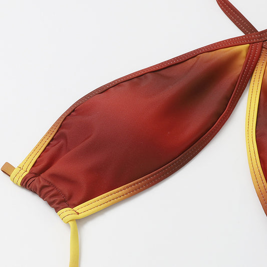 Brown and yellow ombre halter bikini with a split top and thong bottom, displayed on a white background. - Image 2