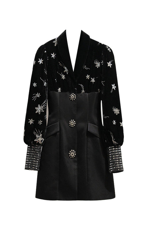 Vestido de Terciopelo Bordado con Cuello V y Mangas Abullonadas Efecto Adelgazante - Image 2