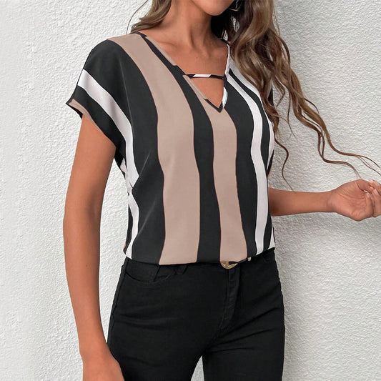 Blusa Rayas Europeas Cuello V Manga Corta - Estilo Verano - Image 2