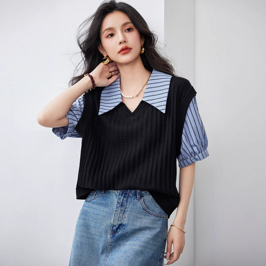 Blusa Esbeltecedora de Dos Piezas con Rayas y Mangas Puff - Image 2
