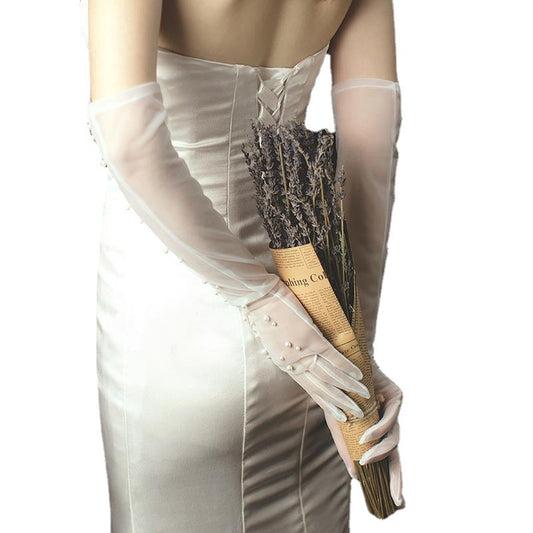 Guantes de Novia Malla de Perlas Blanco Elegante - Image 2