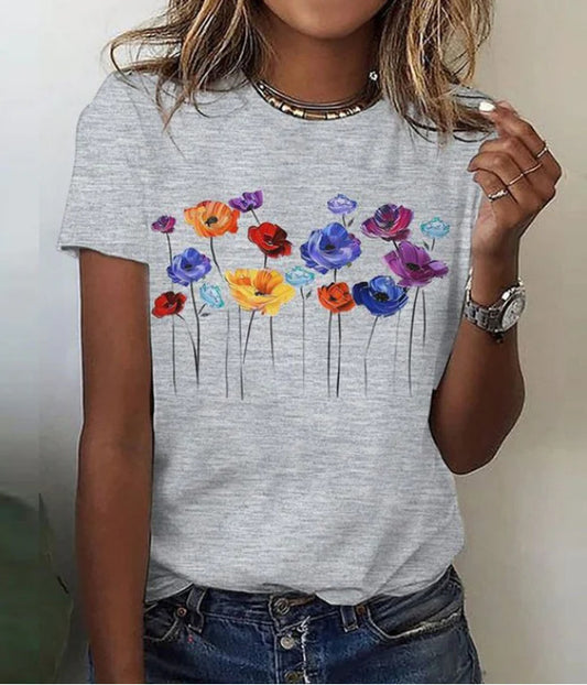 Camiseta Suelta de Cuello Redondo con Estampado Floral Colorido para Mujer - Image 2