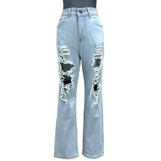 Pantalones Vaqueros Elásticos Tipo Europeo y Americano para Mujer con Corte Ancho y Rotos - Image 2