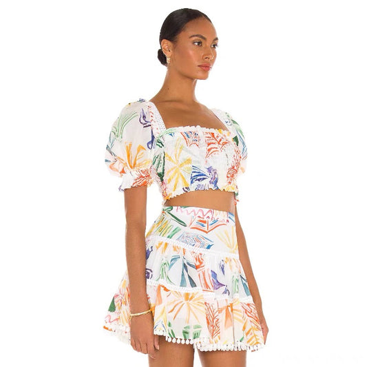 Conjunto Falda y Blusa Estampada con Cuello Cuadrado y Mangas Abullonadas - Image 2