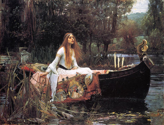 Lady of Shalott tapestry by John William Waterhouse, depicting a woman in a boat on a river, hanging above a bed. - Image 2