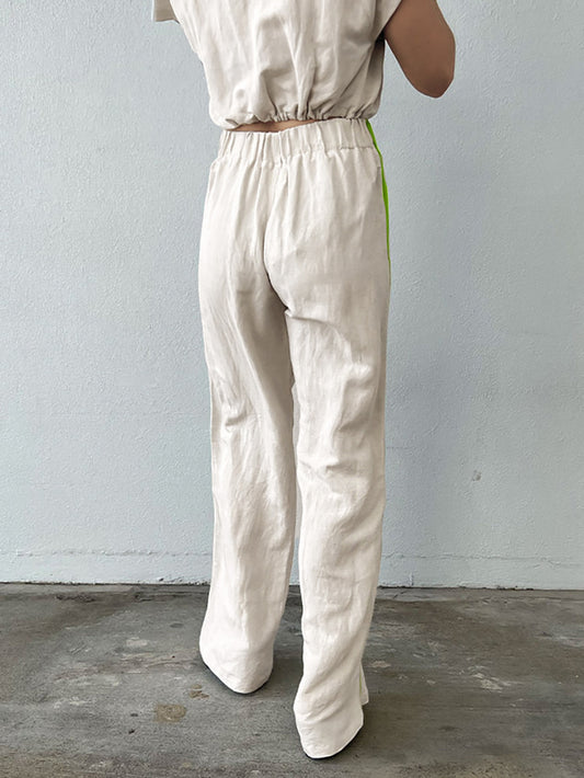 Conjunto Retro Mujer: Blusa Suelta con Cordones y Pantalón Ancho Cintura Alta - Image 2