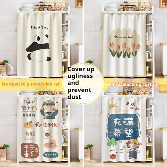 Cream dustproof curtain with a cartoon deer in red, holding a scroll, surrounded by gold coins and "GOOD LUCK" text. - Image 2