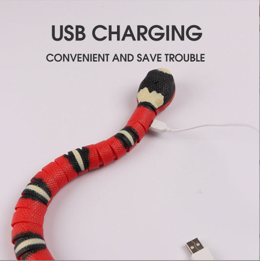 Red, black, and white electric induction snake toy for cats with a red tongue, next to a white USB charging cable. - Image 3