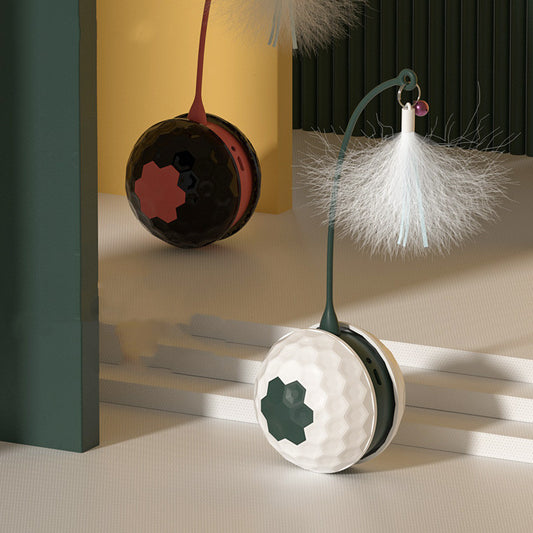 Electric cat toy with a white golf ball-textured base, a dark green flexible arm, and a white feather attachment. - Image 2