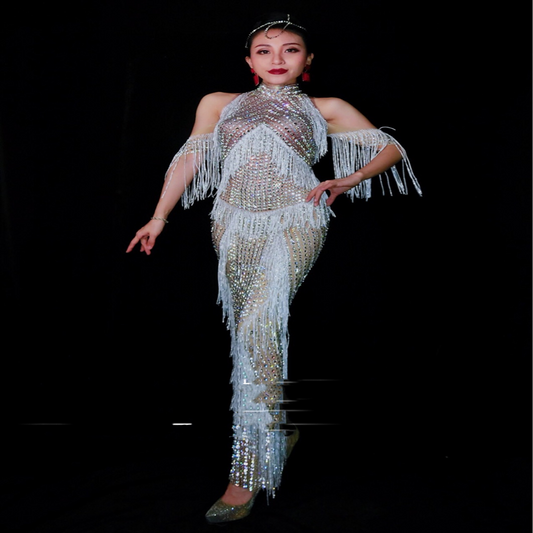 Vestido de Danza Completo con Flecos de Diamantes para Presentaciones - Image 2