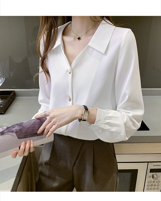 Blusa Profesional Cuello V Chifón Manga Larga Estilo Coreano Suelta - Image 2