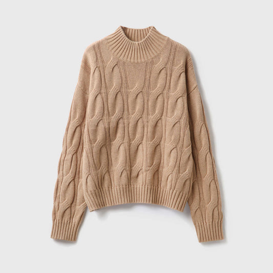 Suéter Cuello Alto Vintage Tejido Lana Pura Hombros Caídos Patrón Retorcido Mujer Otoño - Image 2