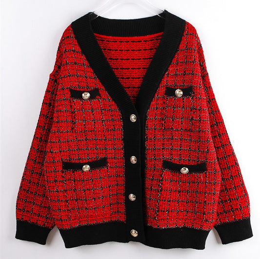 Cardigan Tejido Cuadros Mujer Estilo Elegante Oversize Abrigo Grueso - Image 2