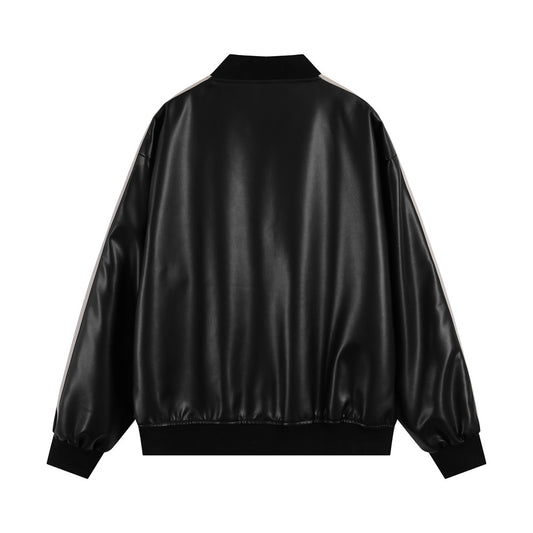 Abrigo de Cuero PU con Cuello Mao y Bordados en Contraste para Hombre - Image 2
