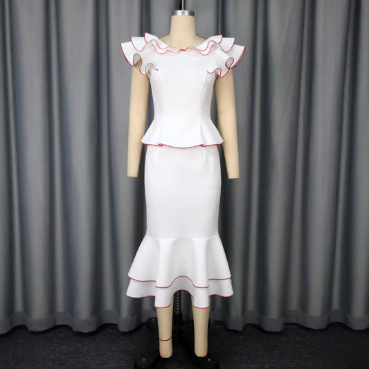 Conjunto Elegante: Blusa con Volantes y Falda Ajustada Efecto Sirena - Image 2