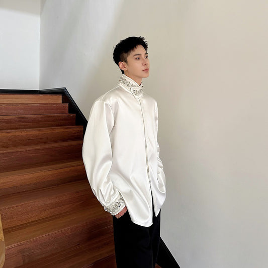 Camisa de Satén Elegante para Hombre con Cuello Mao y Detalles de Lentejuelas Brillantes - Image 2