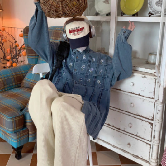Camisa Denim Vintage Plisada Floral Lavado Clásico Manga Larga - Image 2