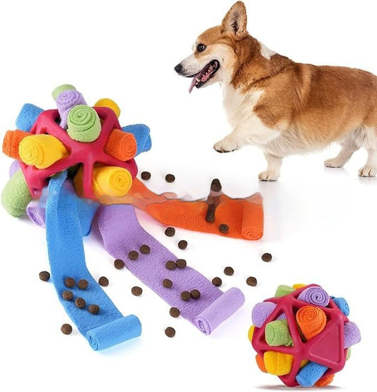 Colorful pet sniffing ball interactive toy with rolled fabric strips, shown with a corgi and scattered kibble. - Image 2