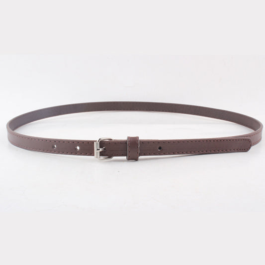 Thin brown imitation leather belt with a small silver D-shaped pin buckle, displayed on a white background. - Image 2