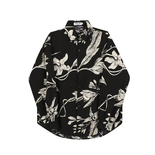 Camisa Negra Hombre Manga Larga Suelta Estampado Floral - Image 2
