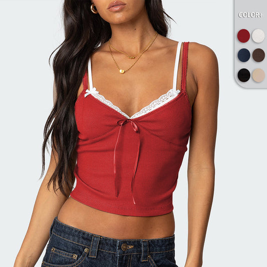 Blusa Elegante Lazo Contraste de Colores con Encaje Falsa Dos Piezas - Image 2