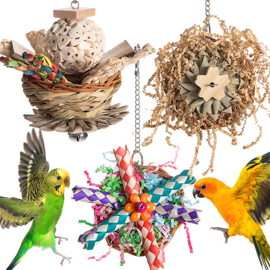Colorful parrot bird toy with a woven basket base, braided chew sticks, crinkled paper, and a metal hanging chain. - Image 2
