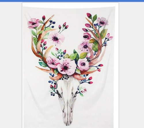 White tapestry with a watercolor deer skull and antlers adorned with pink flowers, green leaves, and blue berries. - Image 2