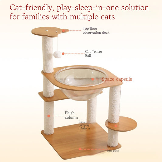 Multi-layer cat tree with a plush top bed, clear space capsule, wooden cat house, sisal scratching posts, and climbing stairs. - Image 2