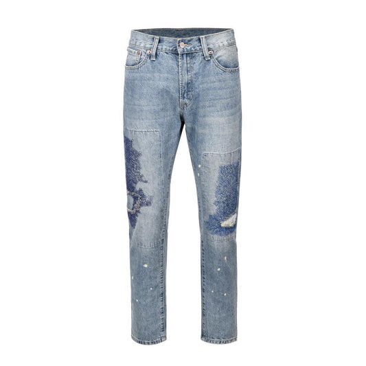 Jeans Rectos Casuales para Hombre con Diseño Floral Quemado y Lavado Industrial - Image 2